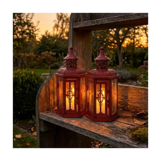 JHY DESIGN Set of 2 Decorative Candle Lanterns 10“H Vintage Hanging Lanterns Metal Candleholders for Indoor Outdoor