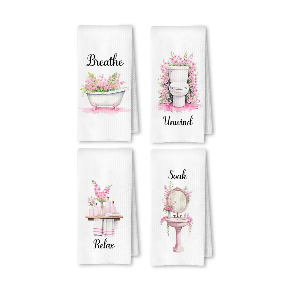 Farmhouse Pink Botanical Bathroom Hand Towels, Relax Breathe Soak Unwind Botanical Decorative Hand Towels for Gym Yoga