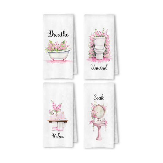 Farmhouse Pink Botanical Bathroom Hand Towels, Relax Breathe Soak Unwind Botanical Decorative Hand Towels for Gym Yoga