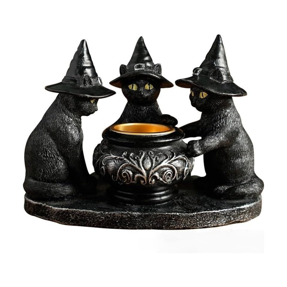 Halloween Black Cat Witches Tealight Candle Holder, Gothic Resin Statue with Decorative Cauldron, Indoor Home Decor (Black)
