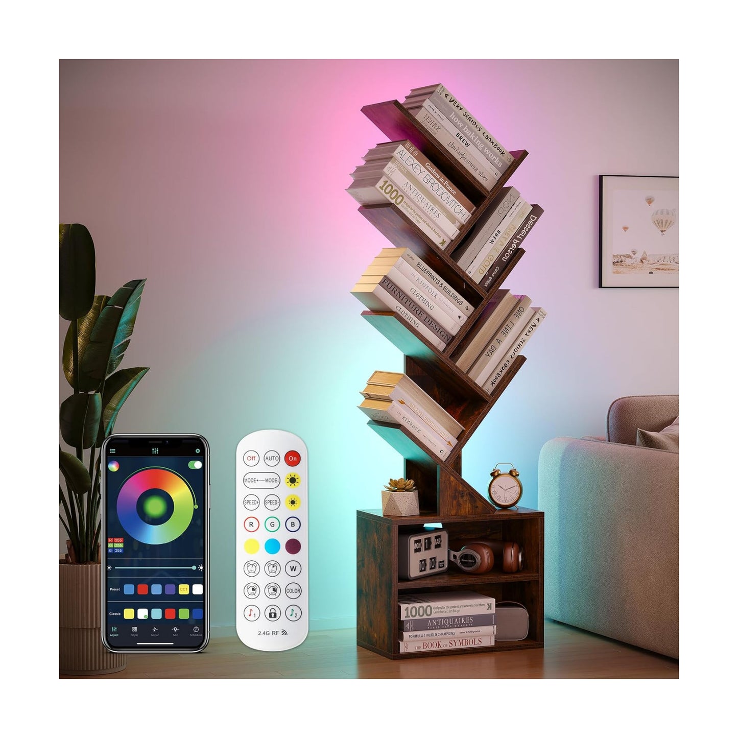 SUNMORY 6 Tier Tree Bookshelf with Lights, Bookcase with Storage Organizer