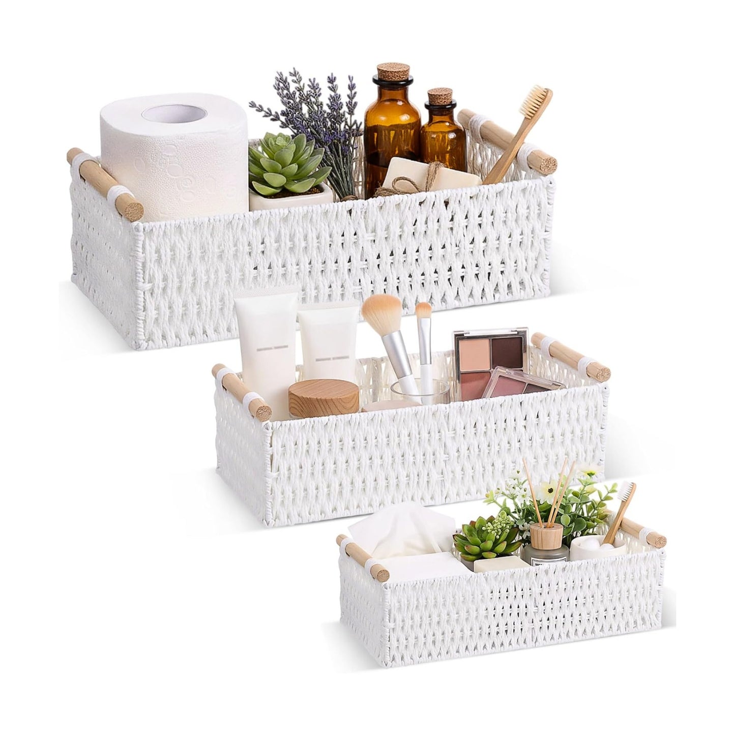 Boho Storage Wicker Baskets Handmade Woven Decorative Paper Rope / White / Rectangle / Set of 3