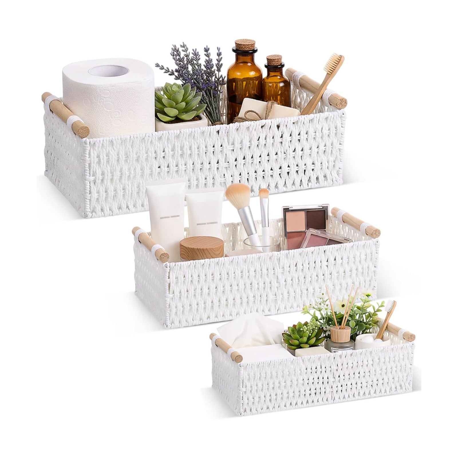 Boho Storage Wicker Baskets Handmade Woven Decorative Paper Rope / White / Rectangle / Set of 3