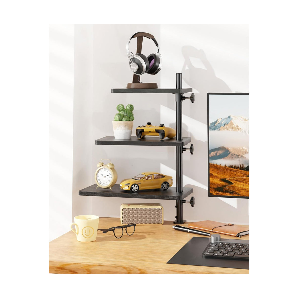 3 Tiers Clamp On Desk Shelf, 360° Angle Adjustable Desktop Shelf Organizer for Home Office Gaming Room, No Drill Desk