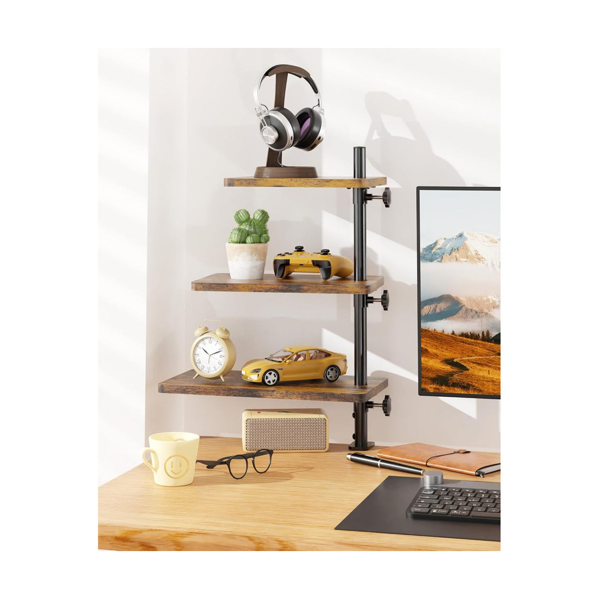 3 Tiers Clamp On Desk Shelf, 360° Angle Adjustable Desktop Shelf Organizer for Home Office Gaming Room, No Drill Desk