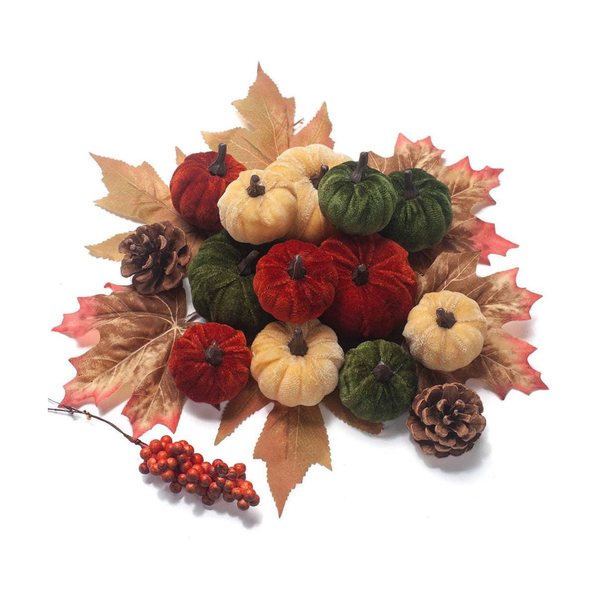 21 PCS Pumpkins Decor Set, 3 Sizes Fake Velvet Pumpkin, Dark Green Brown Gold Small Foam Pumpkins for Fall Harvest Thanksgiving Tiered Tray Centerpiece Bowl Filler Farmhouse Halloween