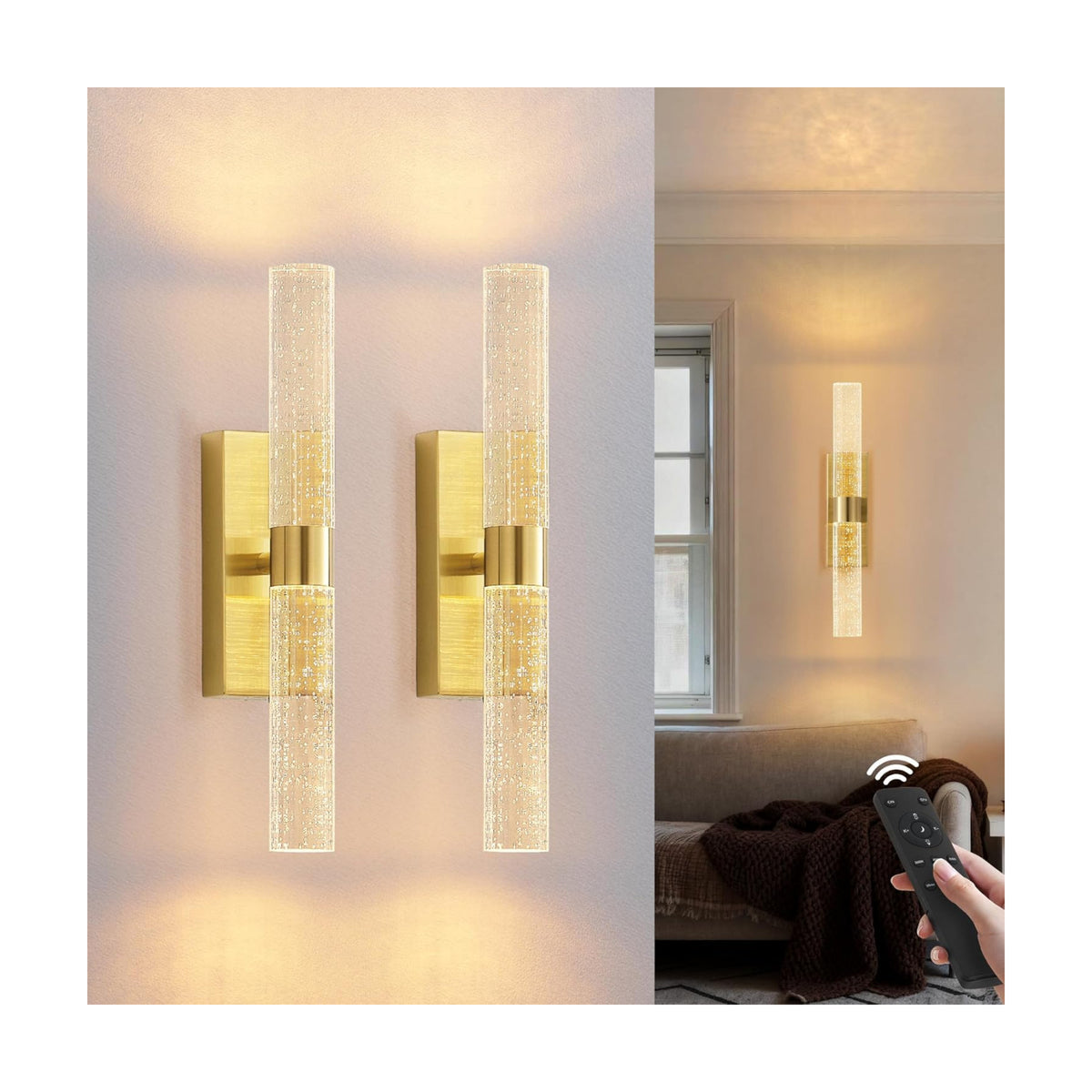 KARTOOSH Gold Battery Operated Wall Sconce Set of Two with Remote Control | Rechargeable Wireless Wall Decor Light