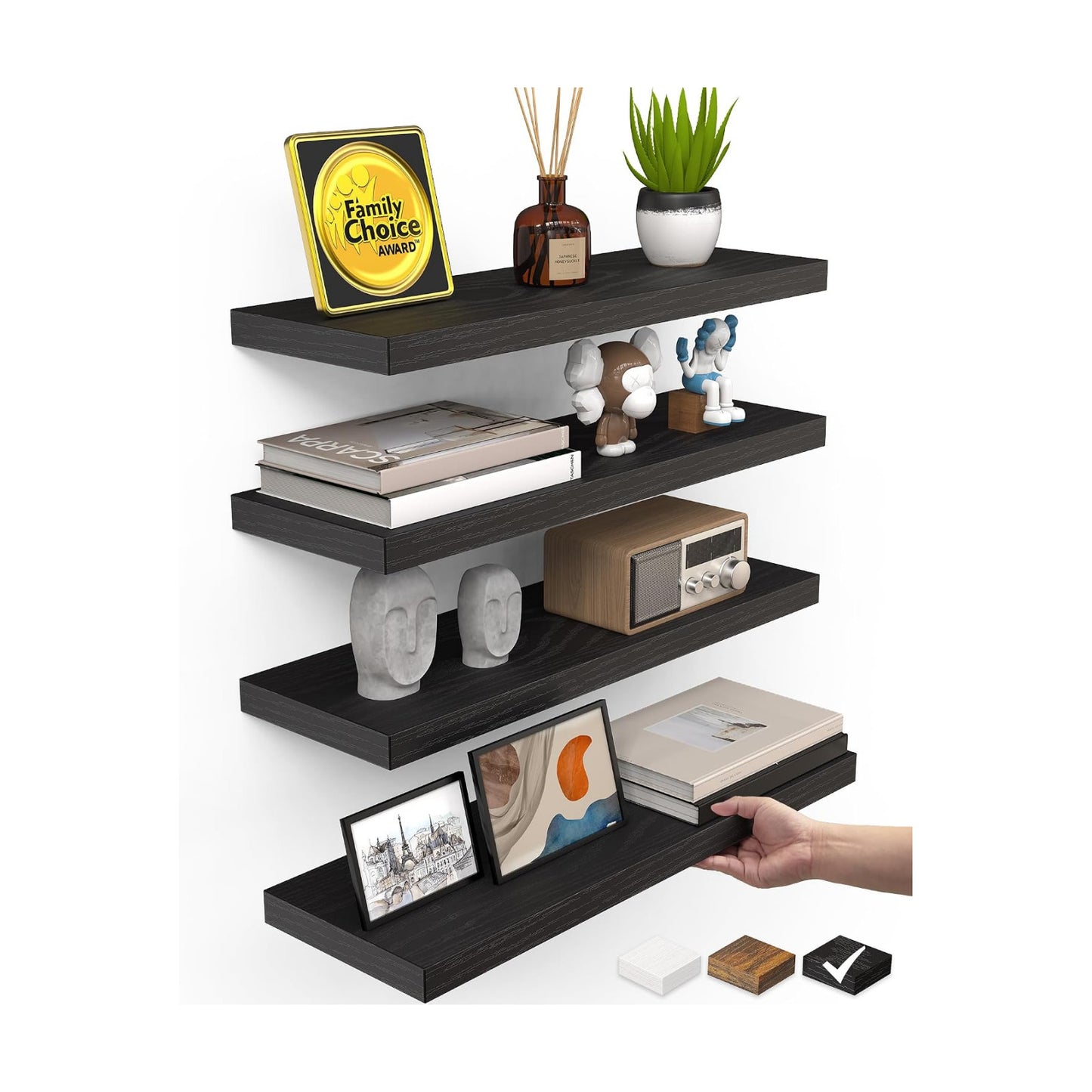 BAYKA Black Floating Shelves 15.7in, Set of 4, Wall Mount Rustic Wood Shelf