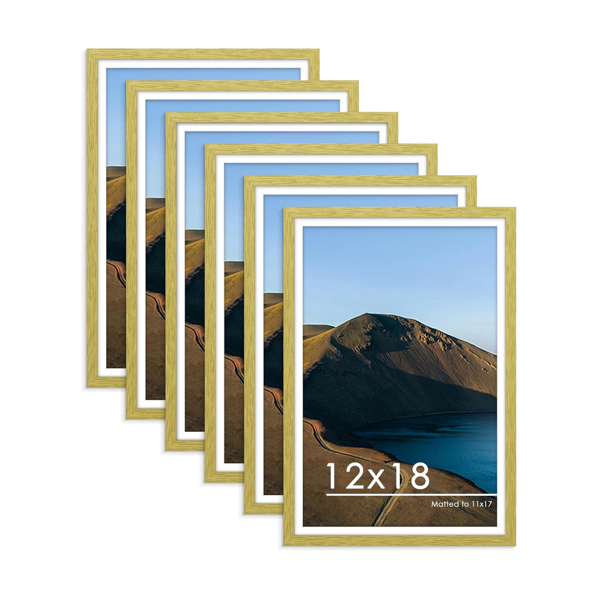 12x18 Picture Frame Set of 6, Wall Mount Display, Gold | Display Pictures 11x17 with Mat or 12x18 Without Mat