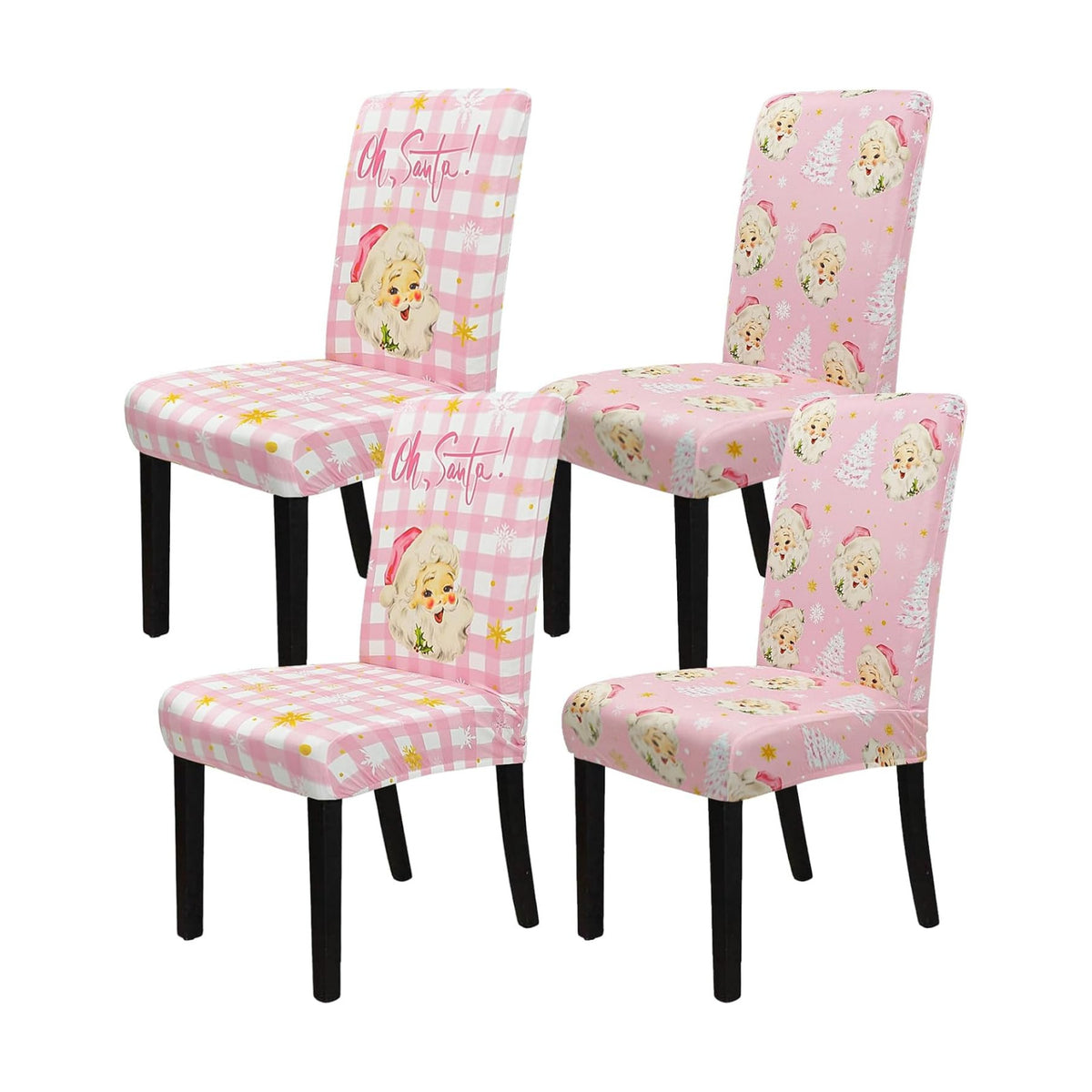 Christmas Chair Cover Set of 4 Santa Snowflake Winter Dining Room Slipcovers Stretch Parsons Chair Seat Protectors Xmas Tree Holiday Decor-4PCS