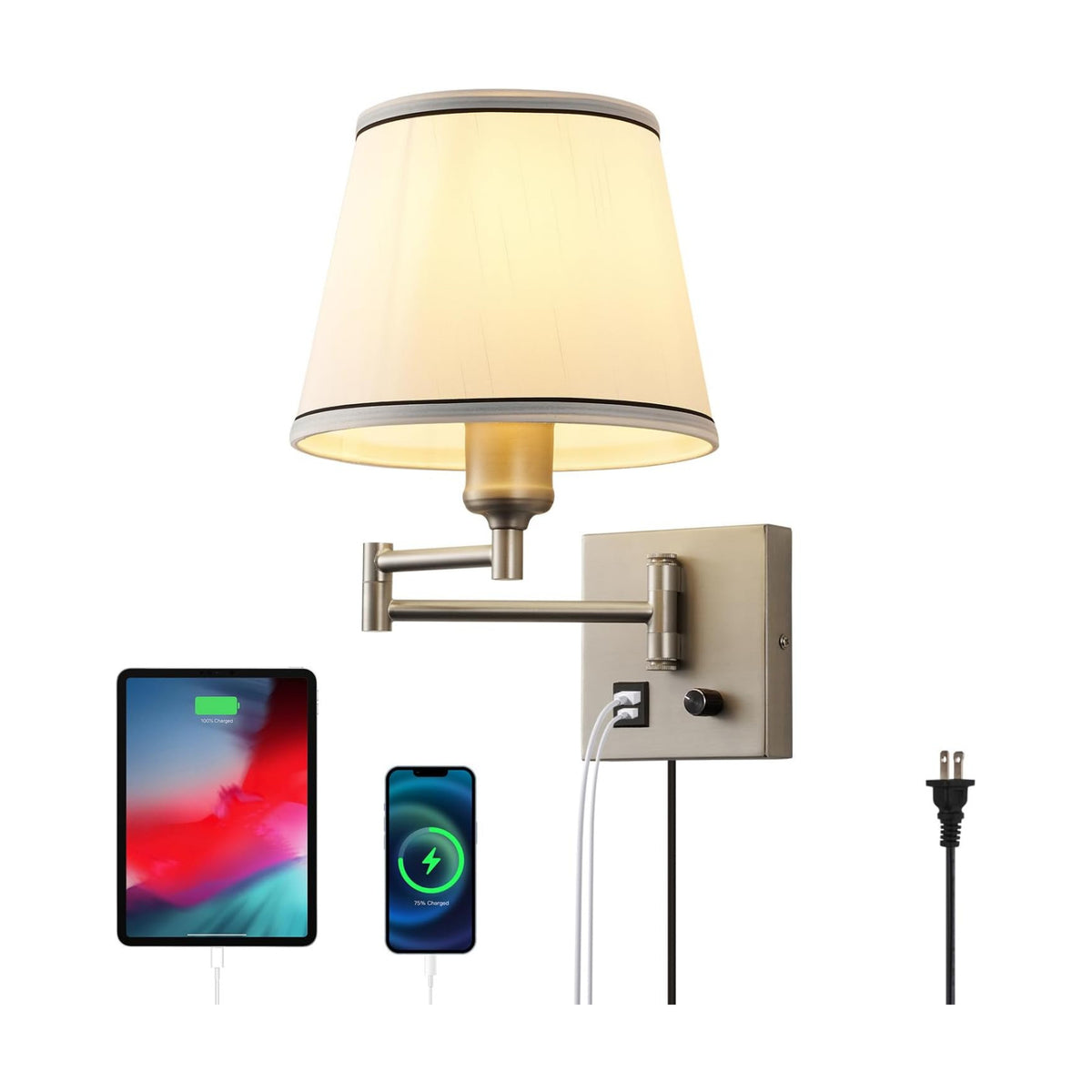 Swing Arm Wall Lamp, Satin Nickel, White Fabric Shade | Type-C and USB Charging Port, Dimmable Switch, Plug in Wall