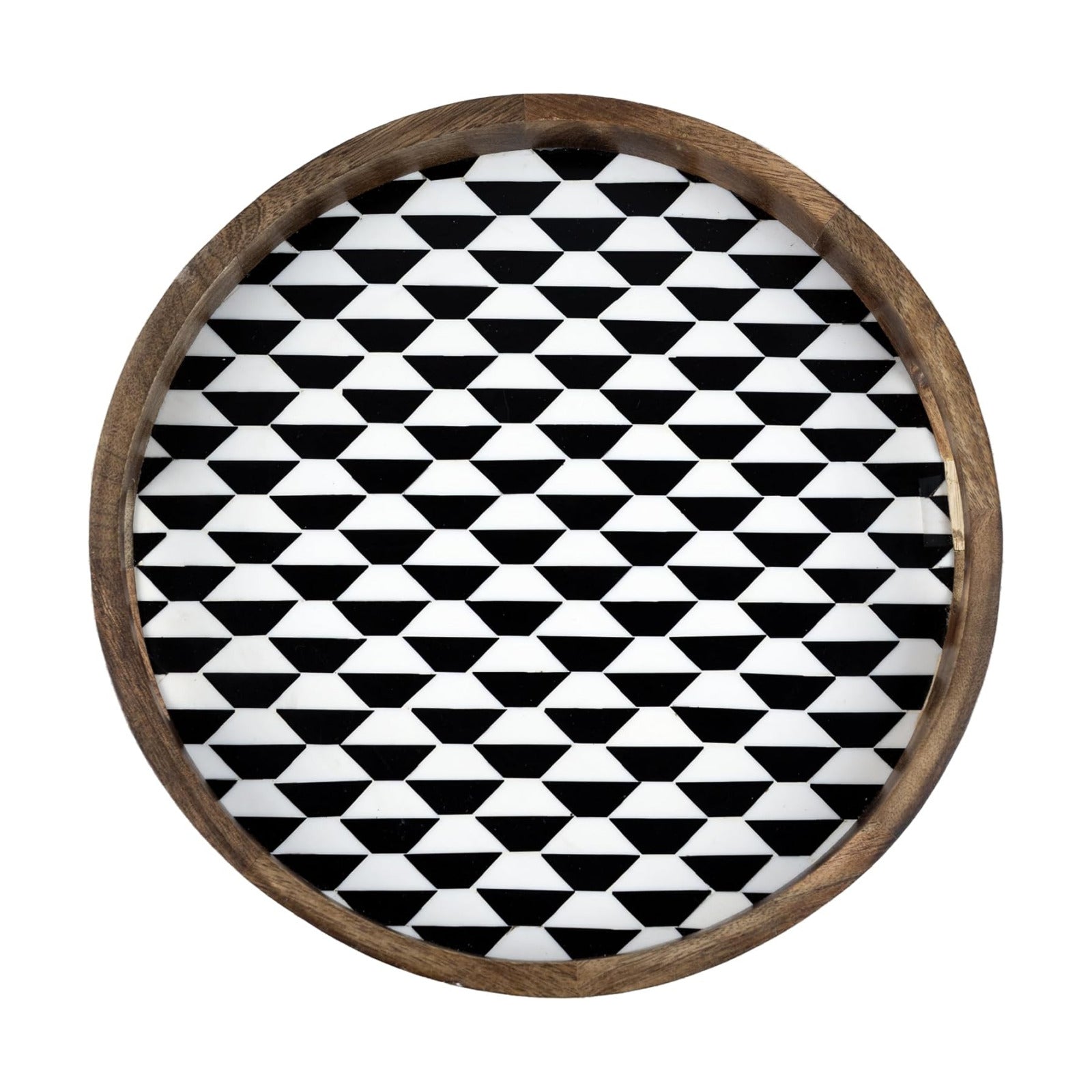 Wooden Round Serving Tray / Black and White Geometric / 12 x 12 / Set of 12