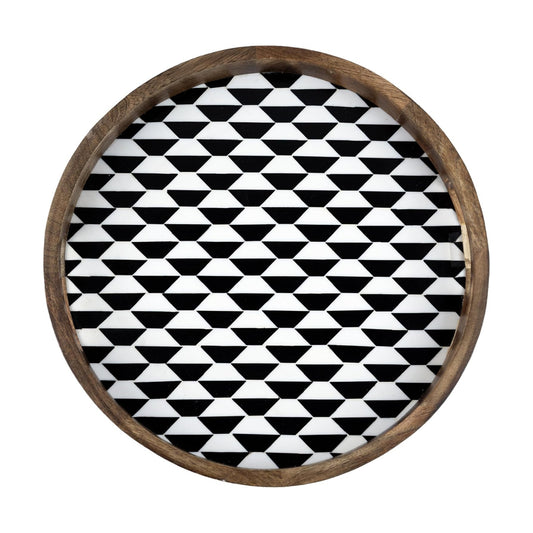 Wooden Round Serving Tray / Black and White Geometric / 12 x 12 / Set of 12