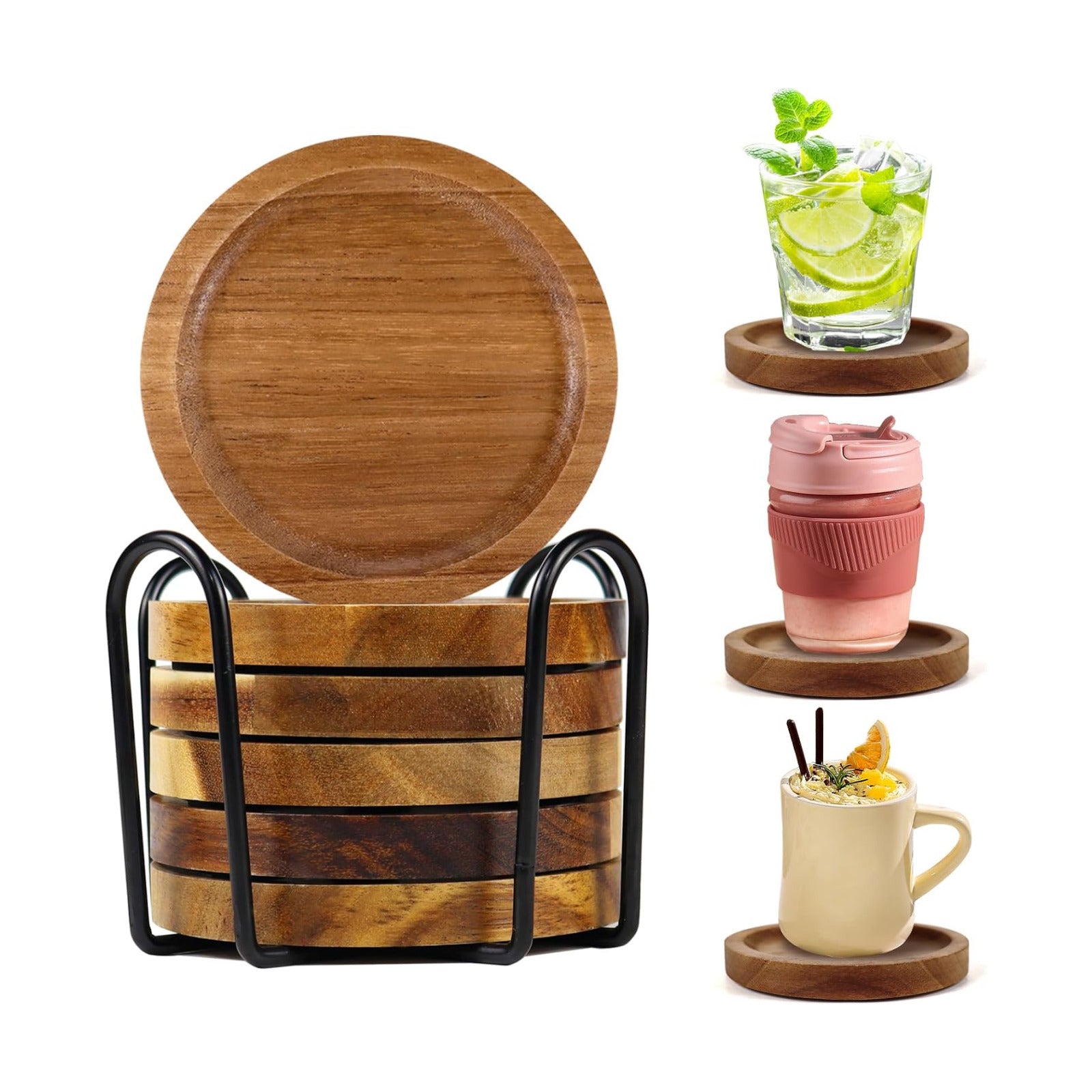 Acacia Wood Coasters / with Holder / Natural / Set of 6