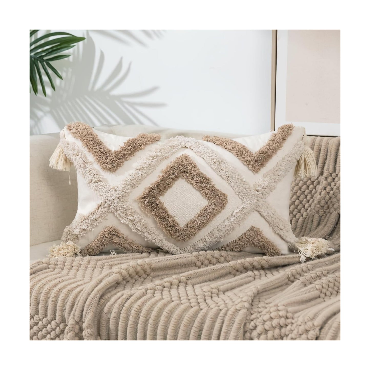 Boho Tufted Lumbar Throw Pillow Cover / Khaki / 12 x 20
