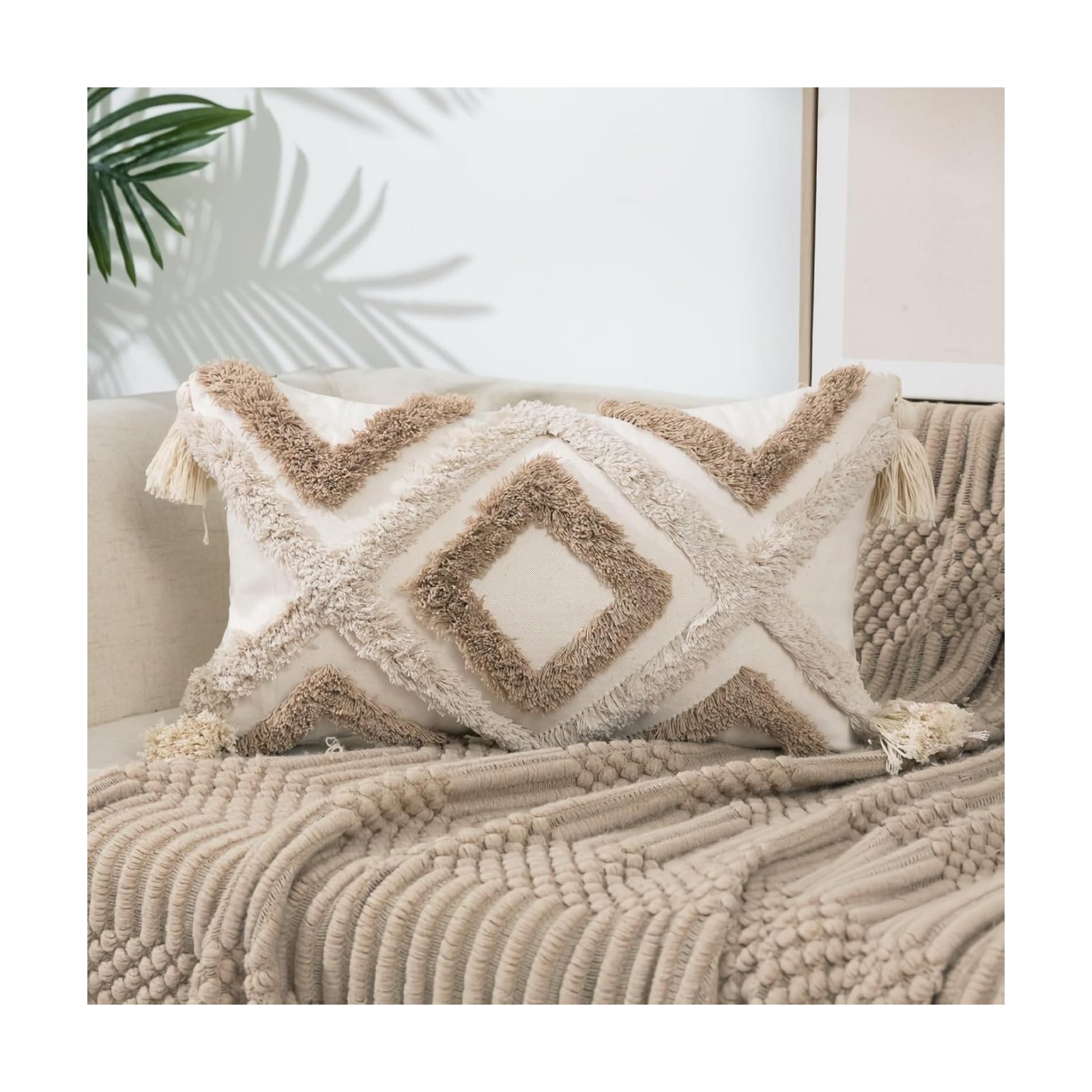 Boho Tufted Lumbar Throw Pillow Cover / Khaki / 12 x 20