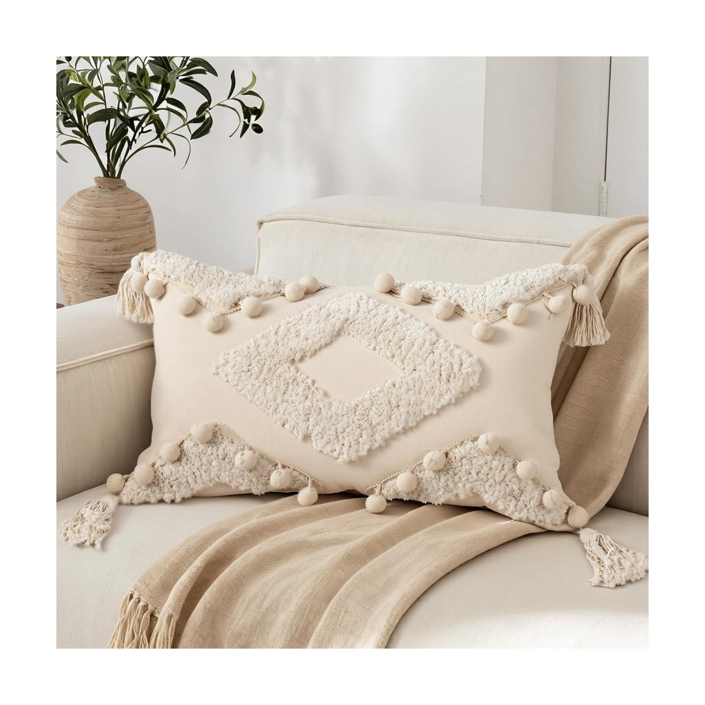 Boho Tufted Lumbar Throw Pillow Cover / Cream / 12 x 20