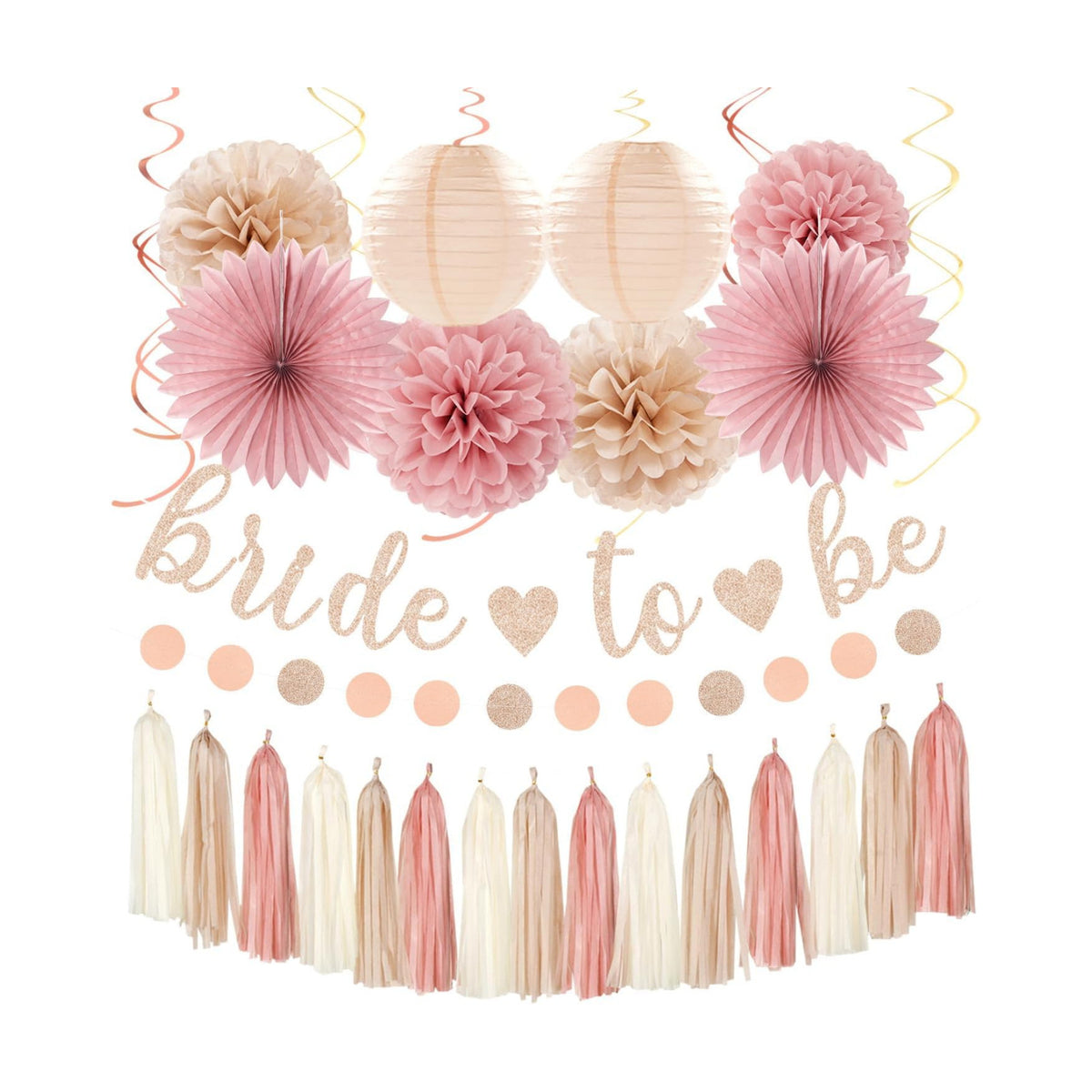 Blush-Pink Rose-Gold Bridal-Shower Fall Party-Decorations - 31pcs Bride to Be Sign Banner,Bachelorette Paper Lanterns,Wedding Streamers Garland,Boho Peach Tissue Pom Poms Fans Decor Supplies Burgleda