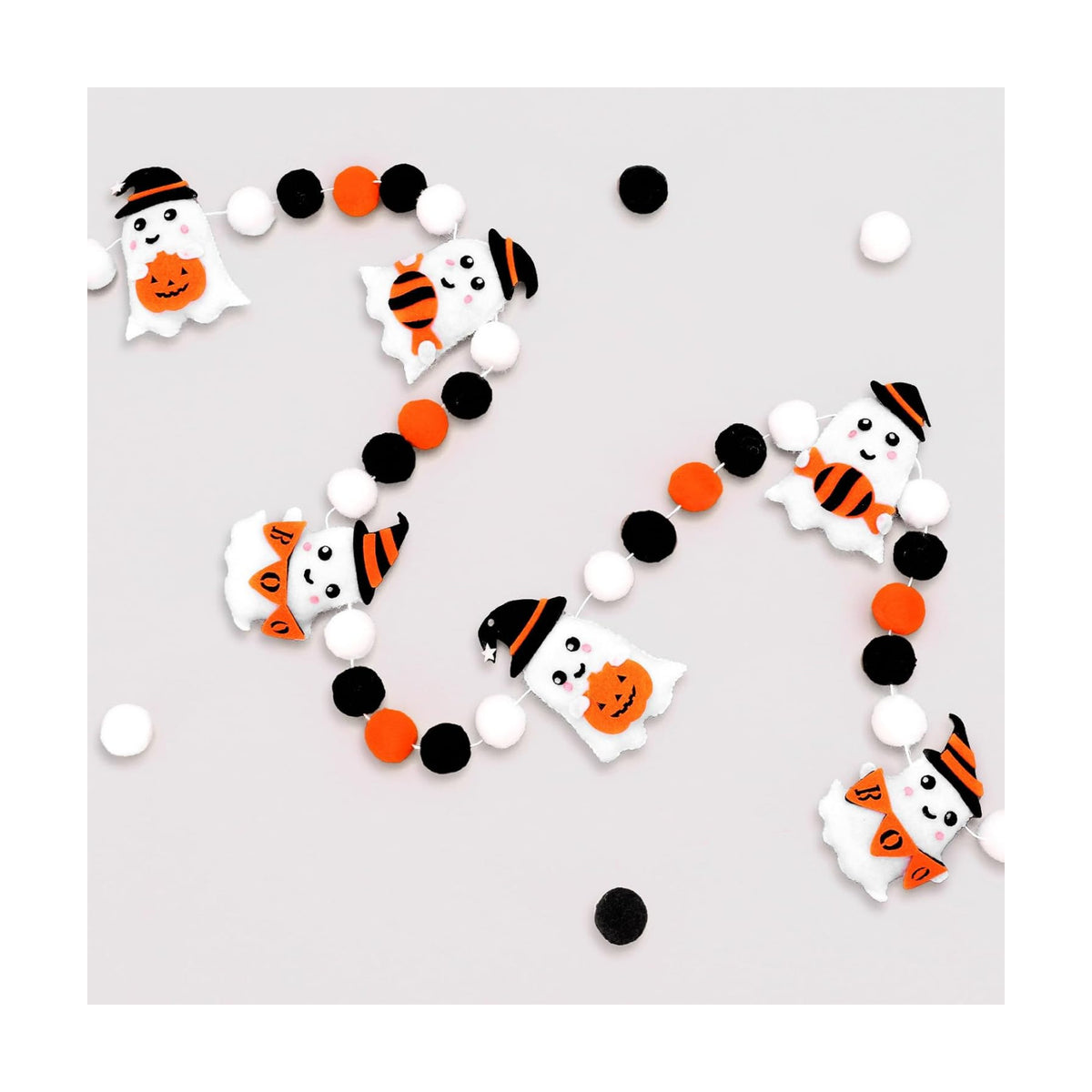 Whaline Halloween Felt Banner Cute 3D Ghost Hanging Garland Black Orange White Pom Ball Banner for Home Mantel Wall Window Decor Trick or Treat Party Supplies