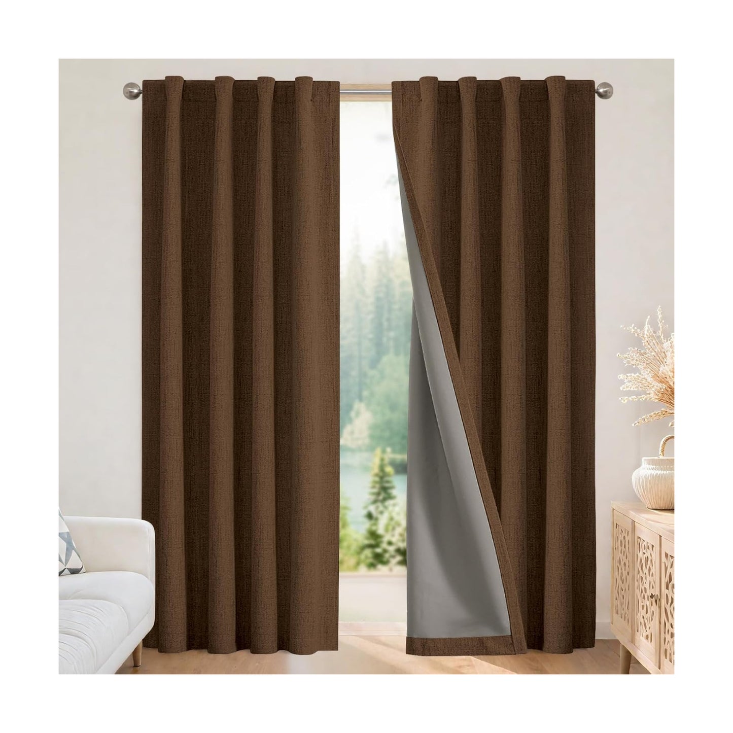 Joydeco Linen Blackout Curtains for Bedroom - 100% Light Blocking 1 Panels, Cappuccino Drapes 100" W x 90" L, Thermal