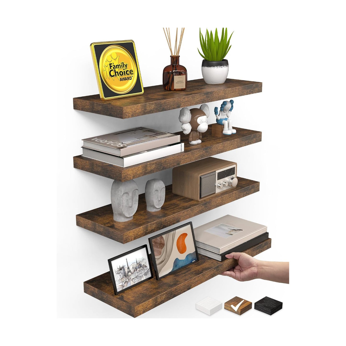 BAYKA Rustic Brown Floating Shelves 15.7in, Set of 4, Wall Mount Wood Shelf