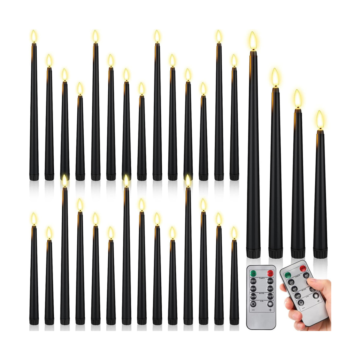 Rossesay 28 Pcs Flameless Taper Candles with Timer Remote 4 Sizes of 8.5", 9.6", 10.83", 12.8" LED Flickering Taper