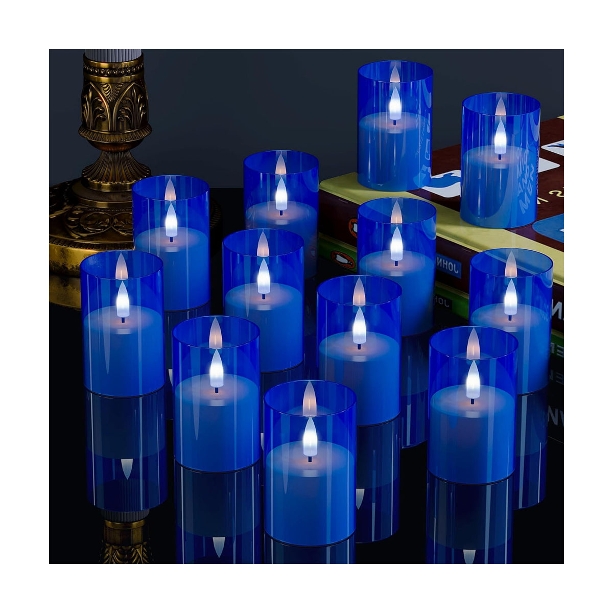 12Pack Flameless LED Candles with Timer, Battery Operated, Blue, 2"x3" | Small Pillar & Votive Candle with Realistic