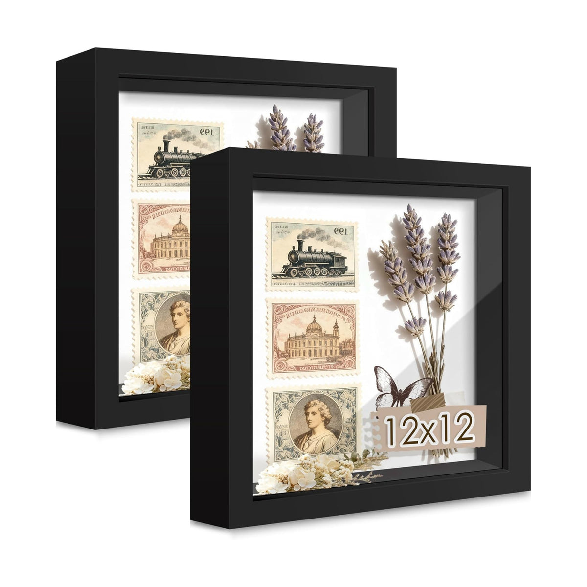 12x12 Black Wooden Shadow Box Frame, Tempered Glass, 2 Pack | Black Backboard, Tabletop & Vertical/Horizontal Wall