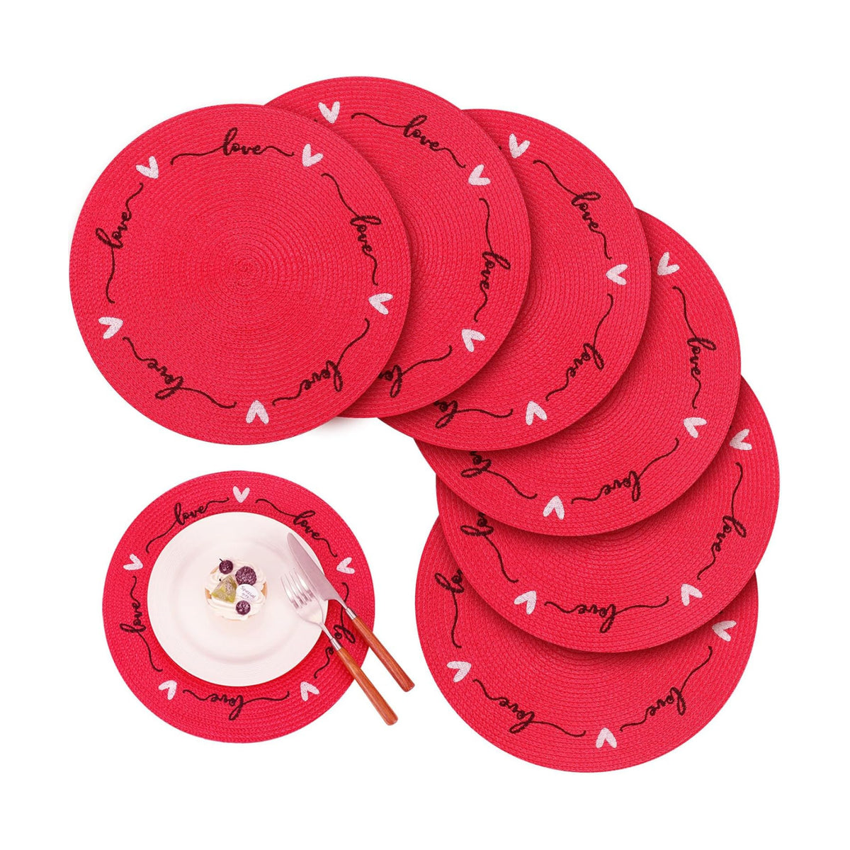 Tioncy Plastic Valentine Heart Placemats Set of 6 Round Red Love Place Mats 13.4 Inch Valentine's Day Washable Table Mats Kitchen Dinner Waterproof Placemat for Holiday Dining Table Wedding Decoration