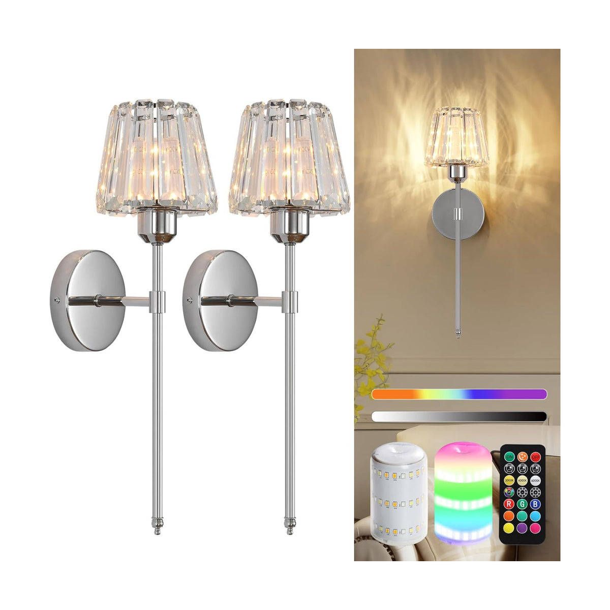 Battery Operated Crystal Wall Sconce Set of 2, Chrome Rechargeable Wireless Wall Sconces with Remote Dimmable 12 Colors
