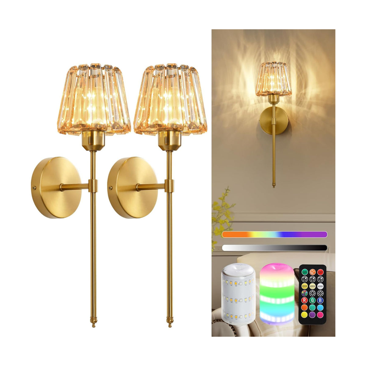 Battery Operated Crystal Wall Sconce Set of 2, Amber Rechargeable Wireless Wall Sconces with Remote Dimmable 12 Colors