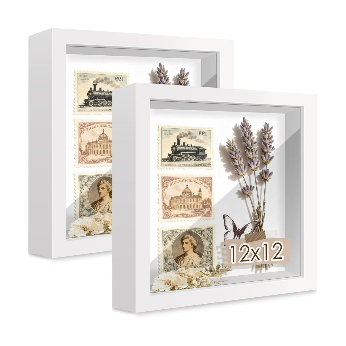 12x12 White Wooden Shadow Box Frame, Tempered Glass, 2 Pack | Black Backboard, Tabletop & Vertical/Horizontal Wall