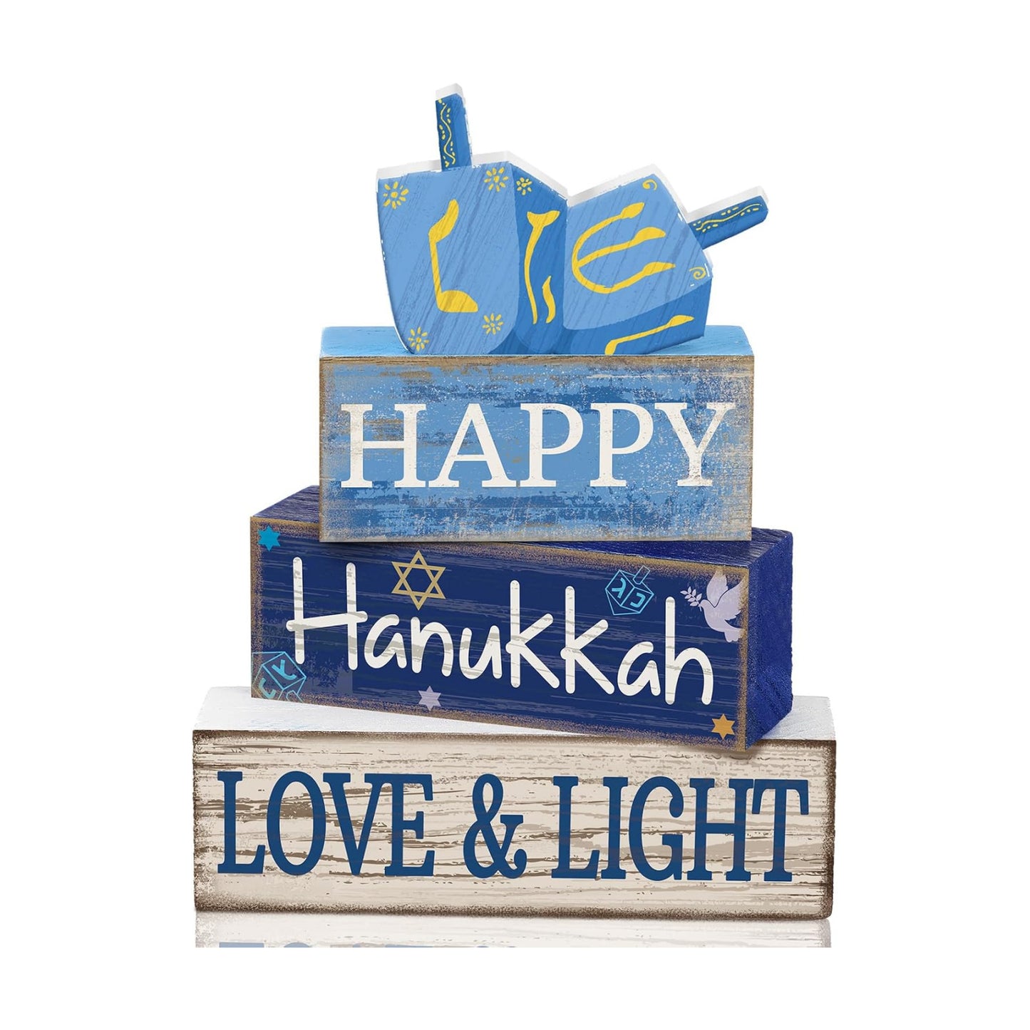 Lineshading 4 Pcs Wooden Hanukkah Decor Farmhouse Blocks with Dreidel
