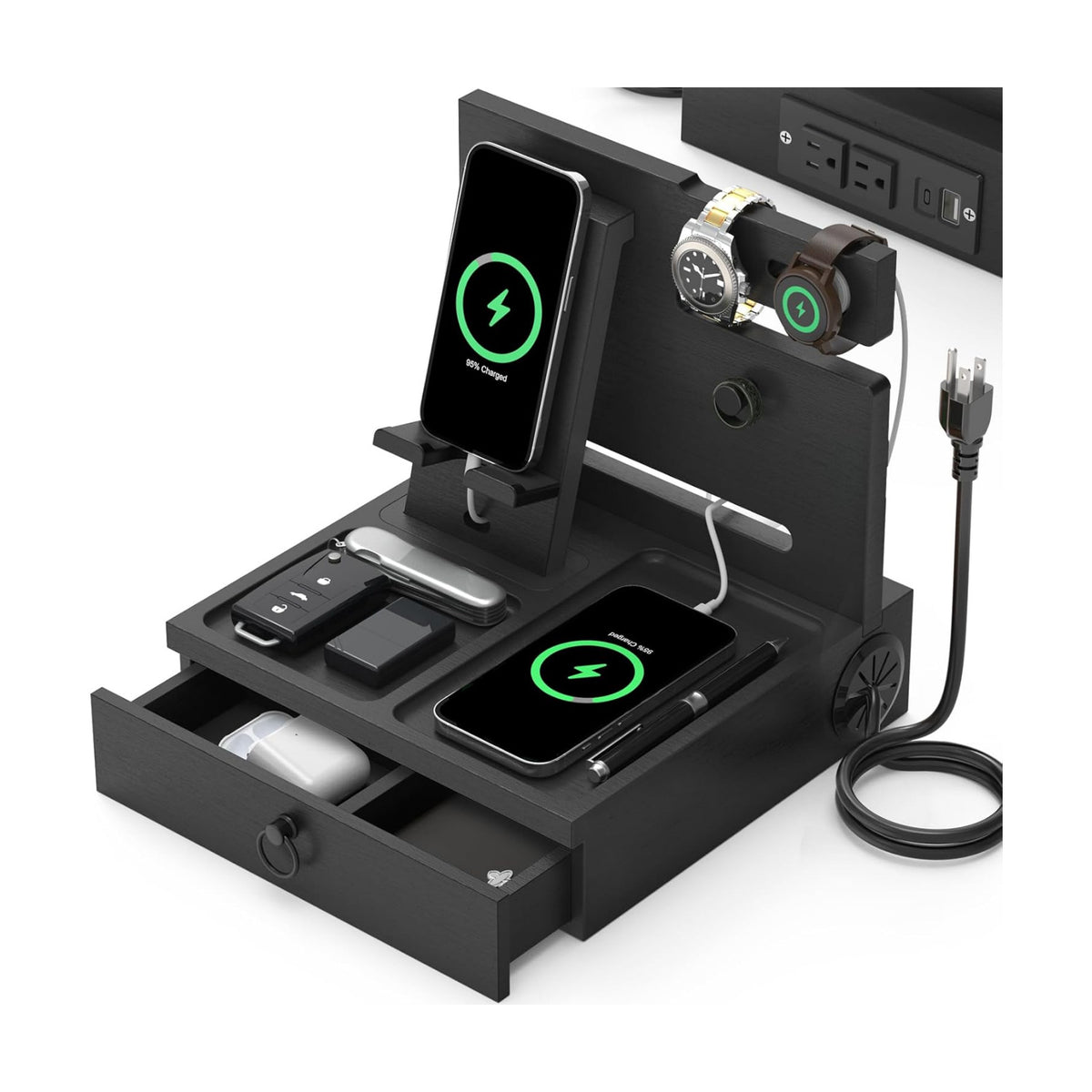 Wood Phone Docking Station with USB Ports and Outlets, Nightstand Organizer | Bedside Organizer with with Charging
