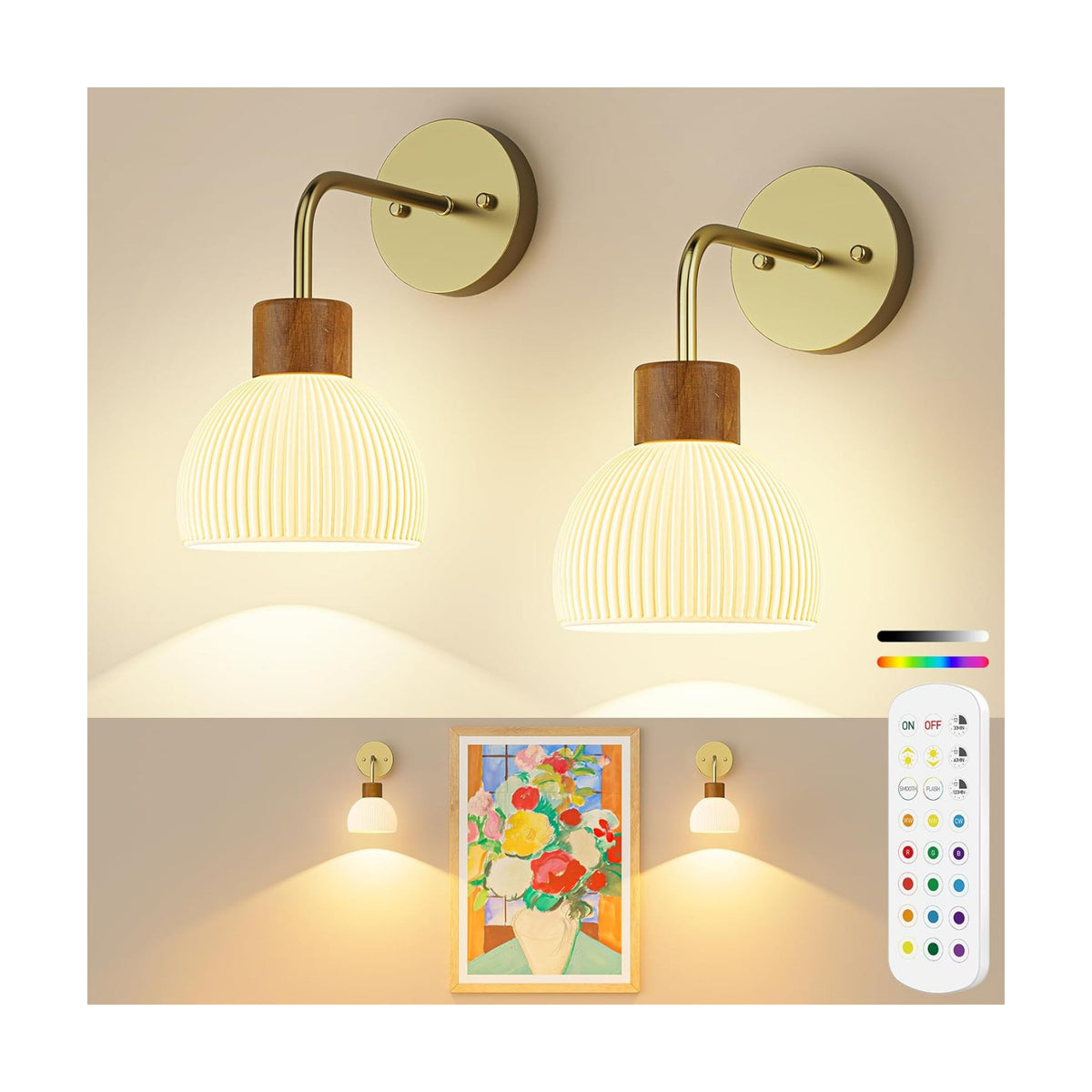 Glass Battery Operated Wall Sconces Set of 2, Rechargeable Wall Lamp with Remote, 12 Colors Dimmable Wireless Sconces