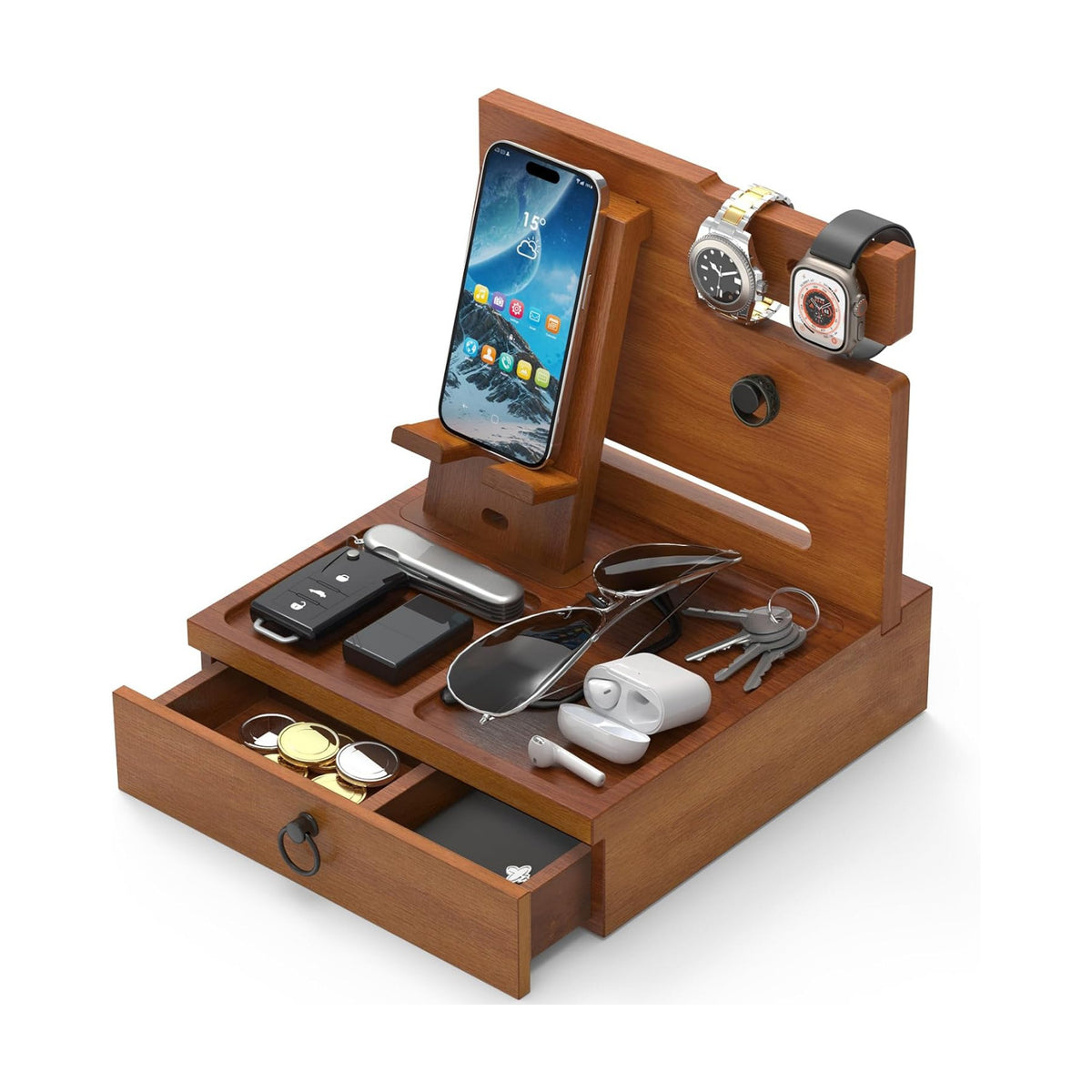 Wood Phone Docking Station, Nightstand Organizer with Drawer | Bedside Table Organizer for Watch & Accessories