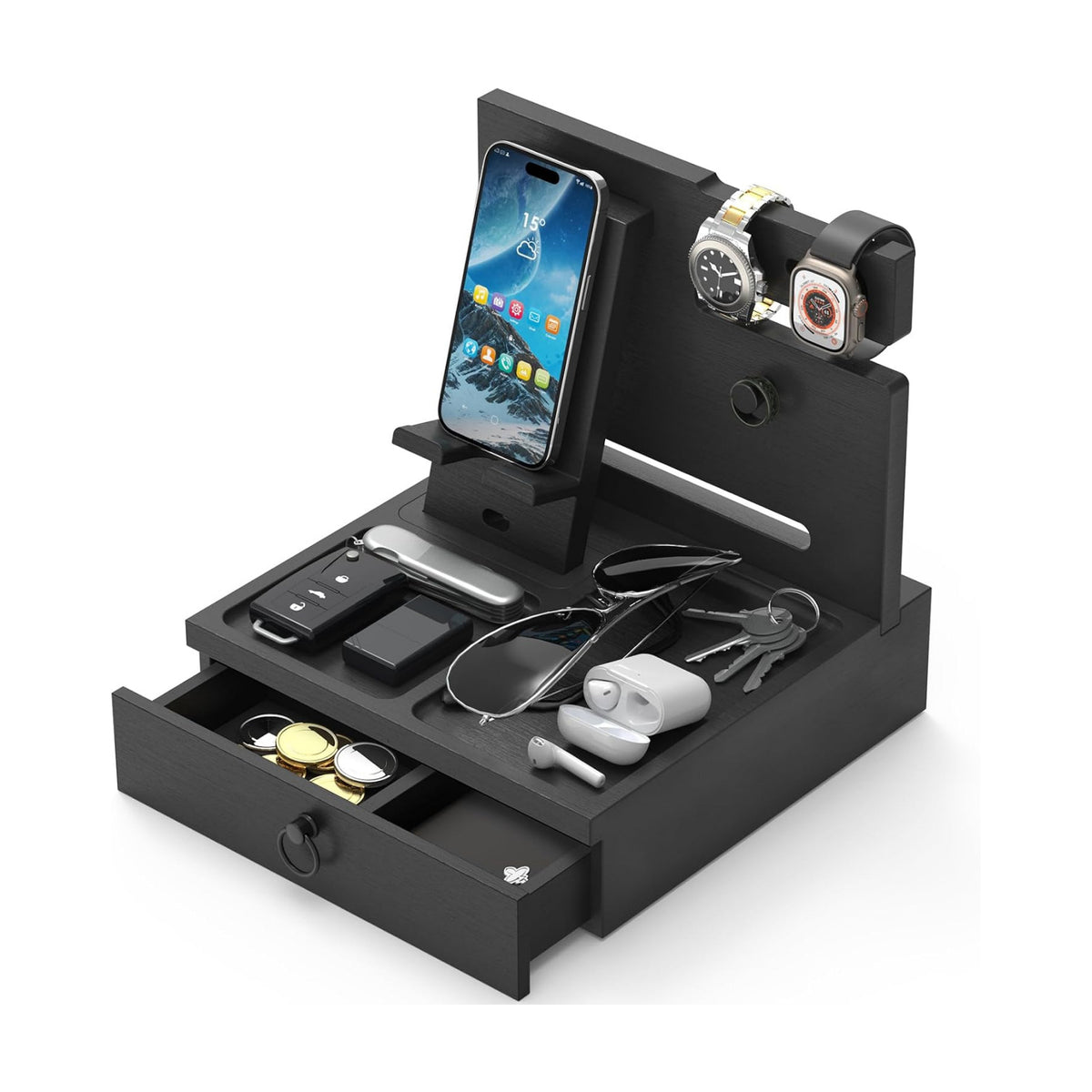 Wood Phone Docking Station, Nightstand Organizer with Drawer | Bedside Table Organizer for Watch & Accessories