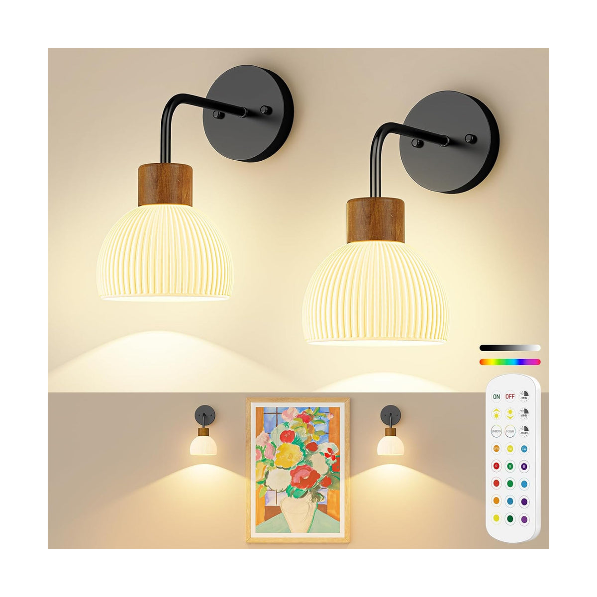 Glass Battery Operated Wall Sconces Set of 2, Rechargeable Wall Lamp with Remote, 12 Colors Dimmable Wireless Sconces
