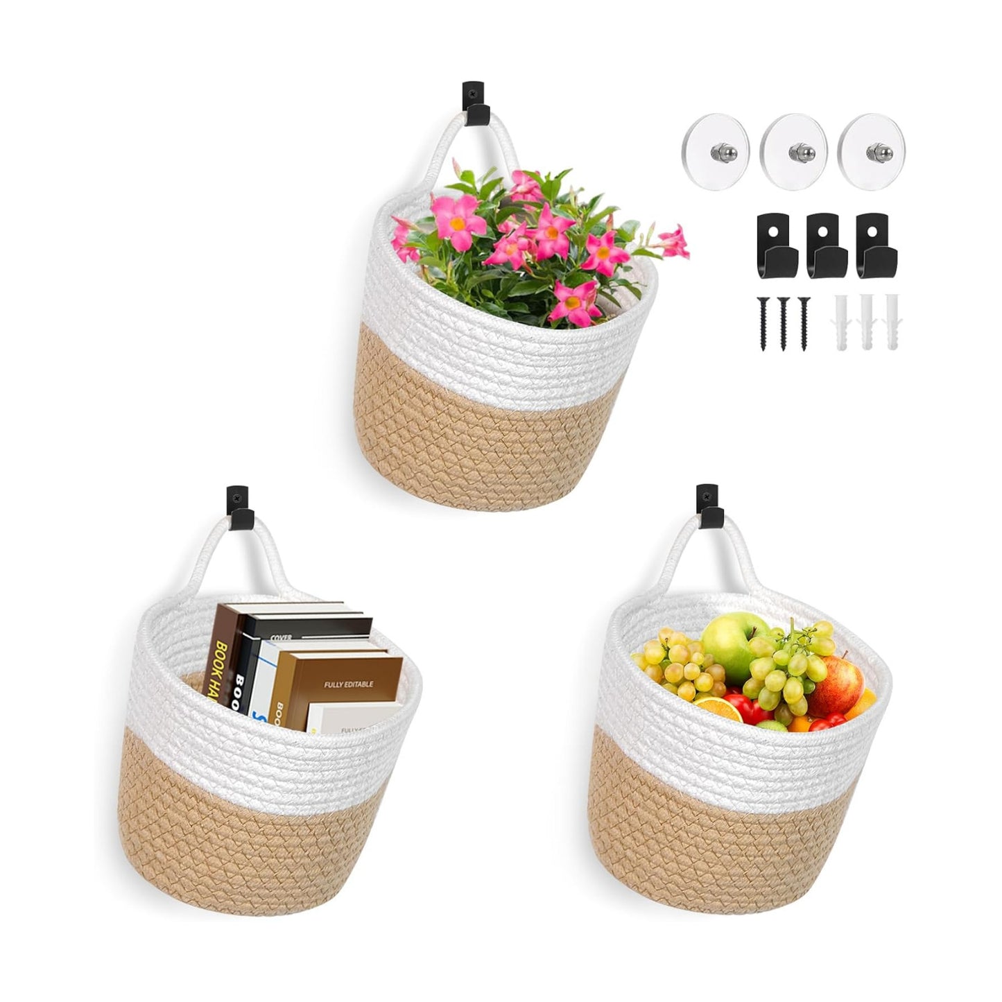 Adhesive Hooks / Woven Storage Organizers / White & Coffee / Set of 3