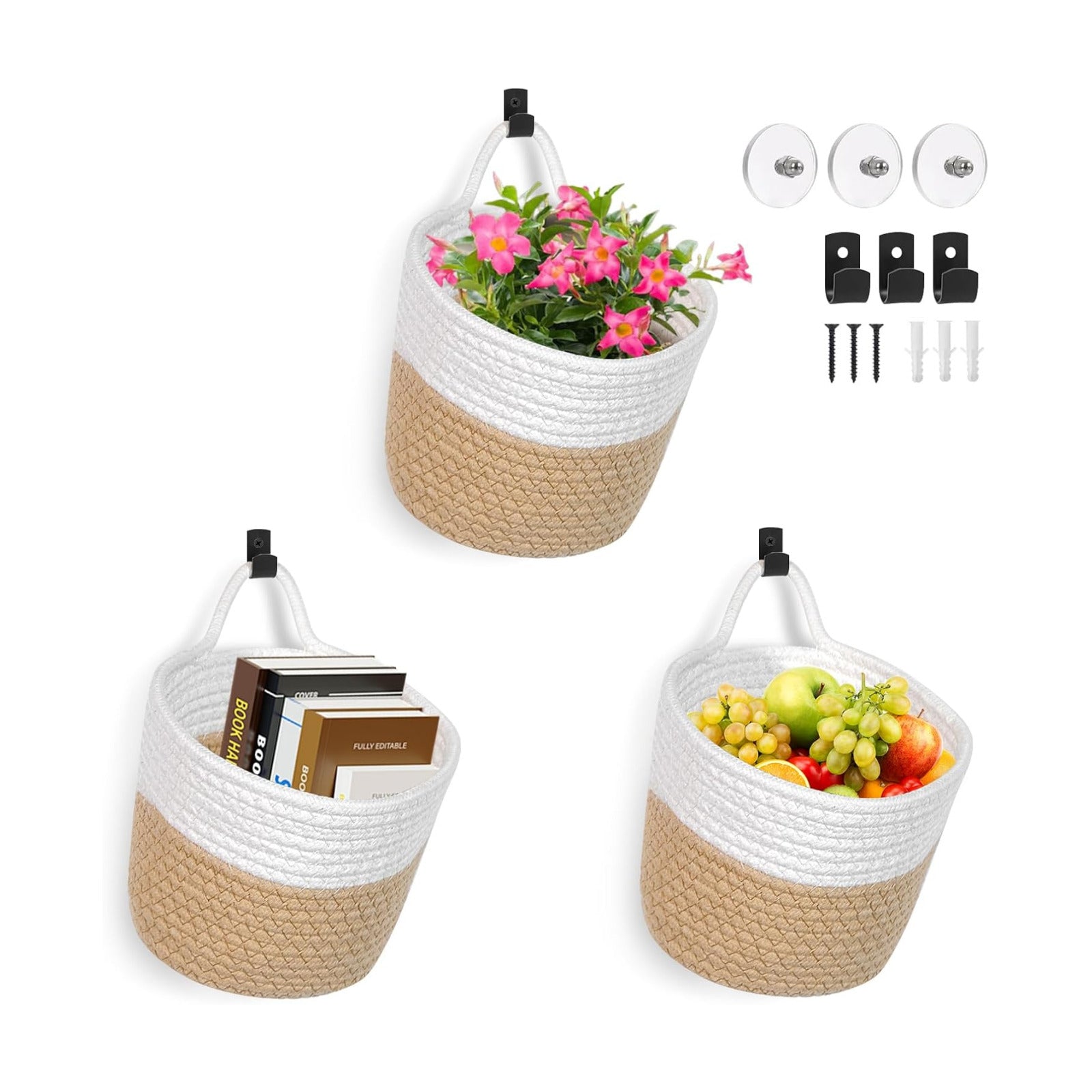 Adhesive Hooks / Woven Storage Organizers / White & Coffee / Set of 3