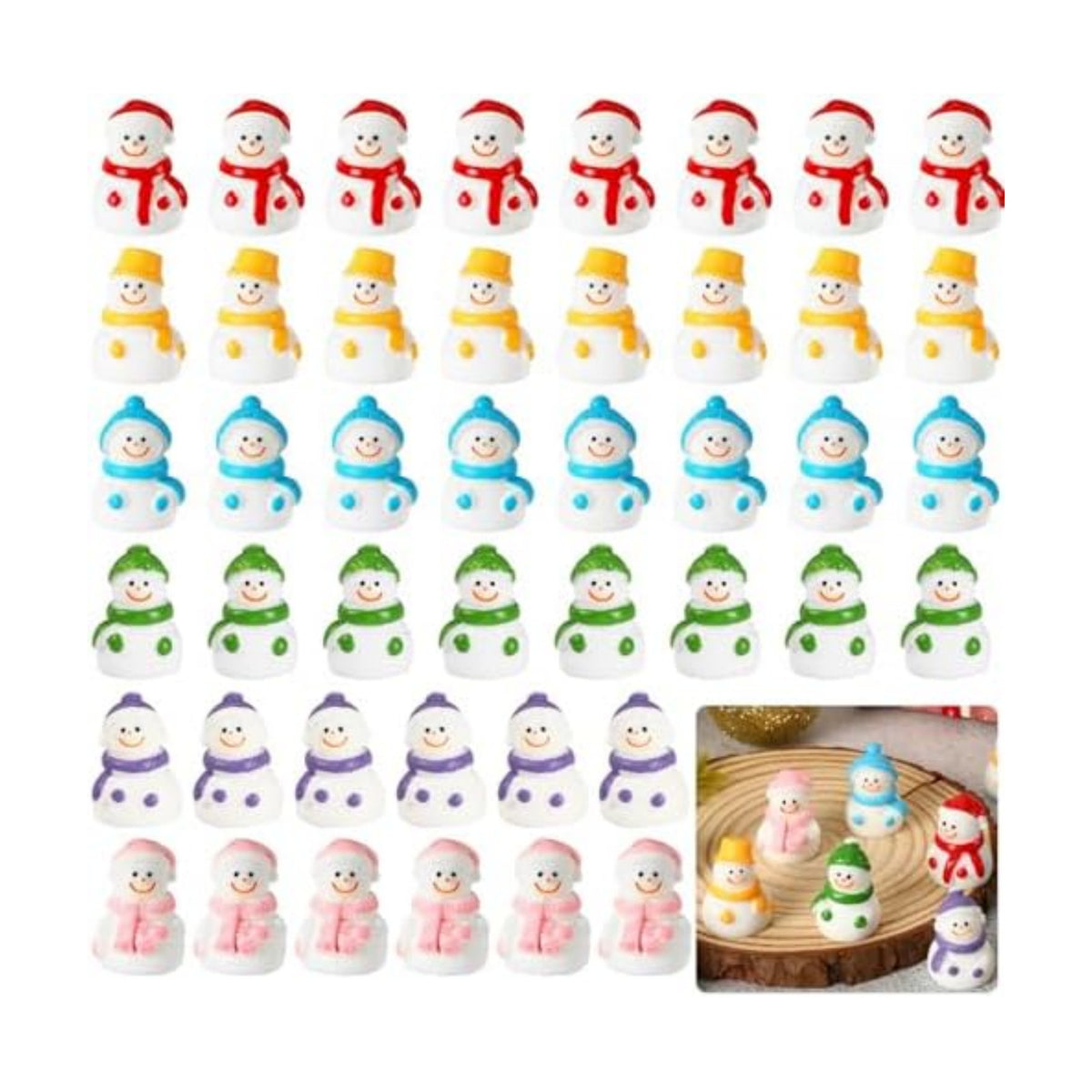 JUNEBRUSHS 50 Pcs Mini Resin Snowman, Christmas Snowman Figurines Winter Miniature Snowmen Ornaments for Christmas DIY Craft Fairy Garden Dollhouse Decor