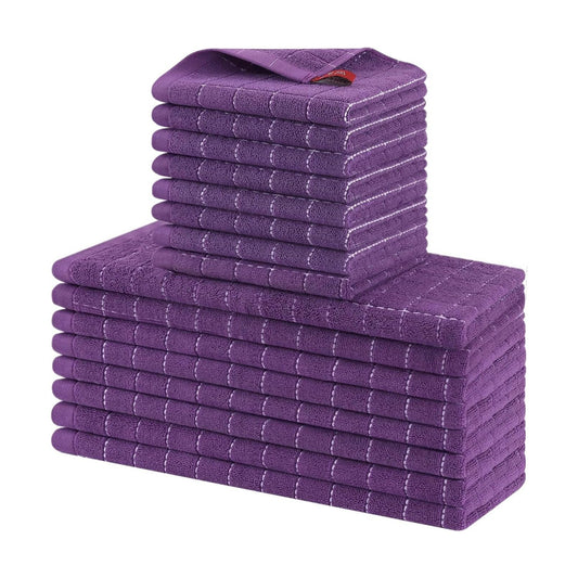 Homaxy Kitchen Towels and Dishcloths Set, Set of 16, Purple | Bulk Cotton Terry Kitchen Towels, Checkered Designed