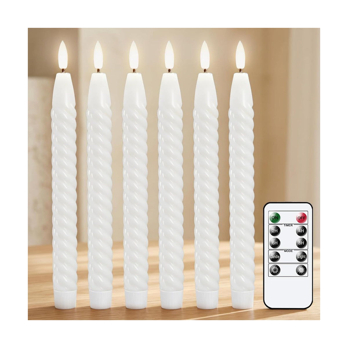 White Flameless Taper Candles Flickering with Remote Timer | LED Spiral Taper Candles, Flameless Candlesticks, Battery