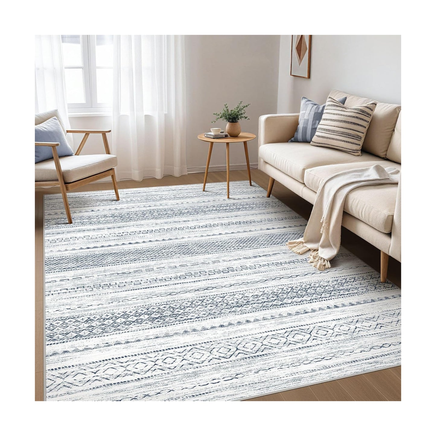 Nakagishi Boho 5x7 Area Rug Living Room Rugs Machine Washable White Blue