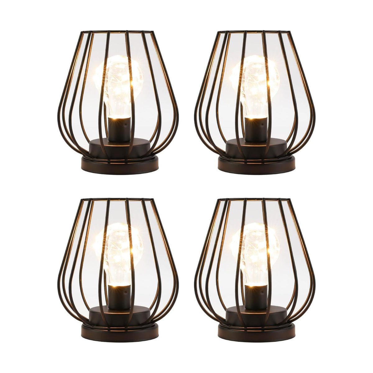 TRIROCKS Set of 4 Metal Battery Operated Lamp 7'' Tall mini Cage Shape Cordless Table Lamp Battery Lanterns with Warm