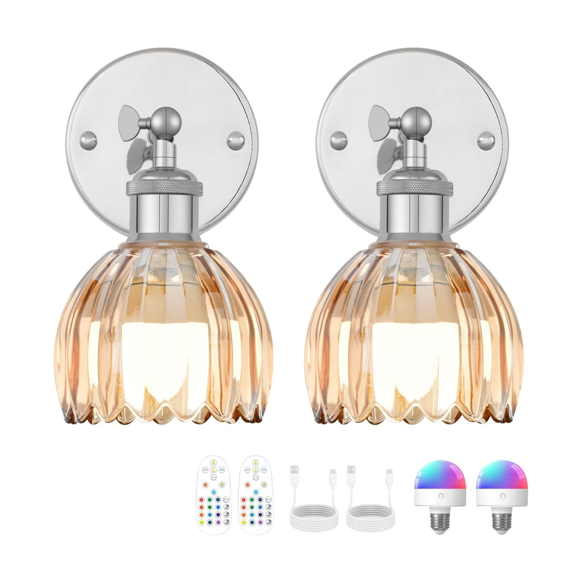 Vintage Battery Operated Wall Sconce, Amber Tulip Glass Lampshade Wireless Rechargeable Battery Powered LED Wall Light