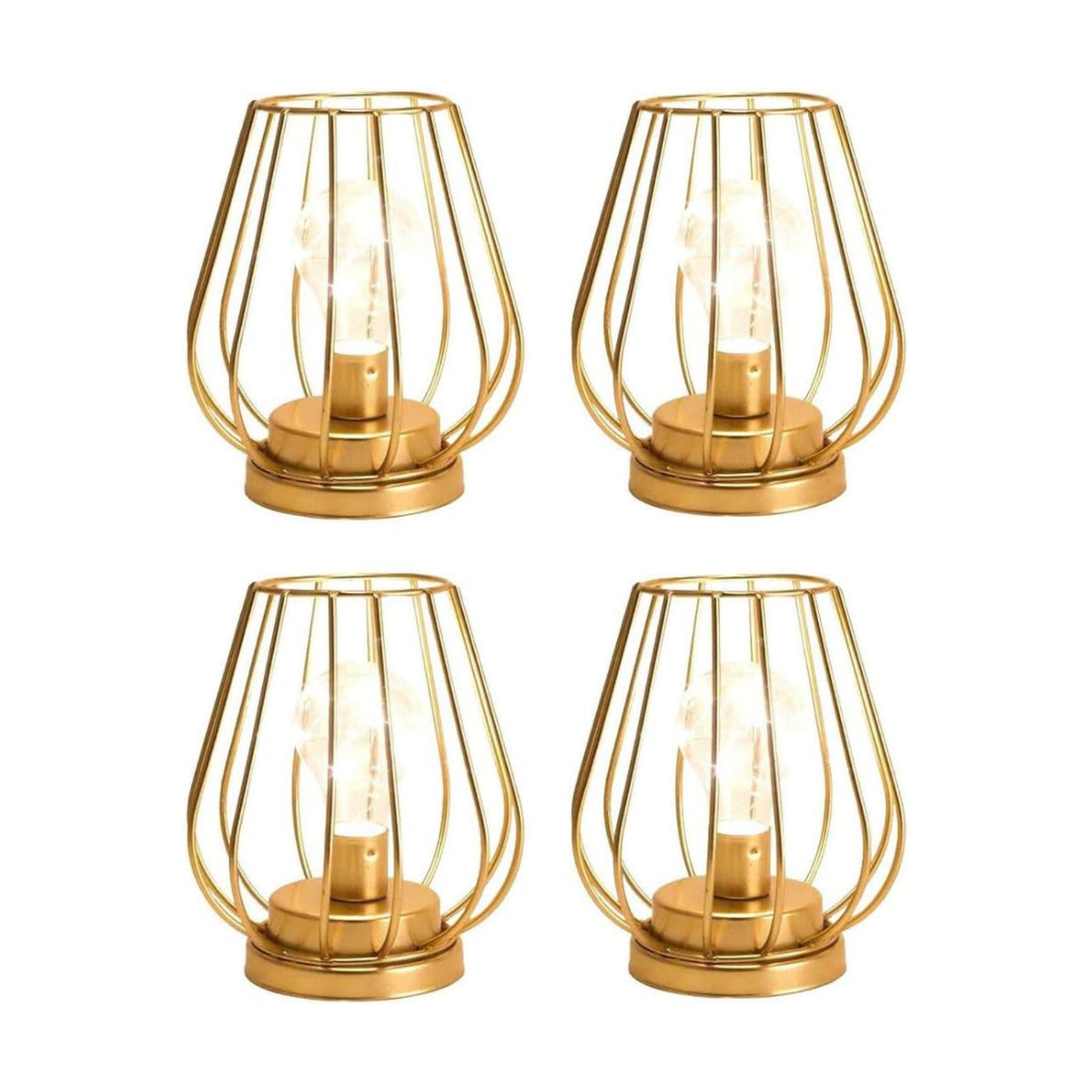 TRIROCKS Set of 4 Metal Battery Operated Lamp 7'' Tall Mini Cage Shape Cordless Table Lamp Battery Lanterns with Warm