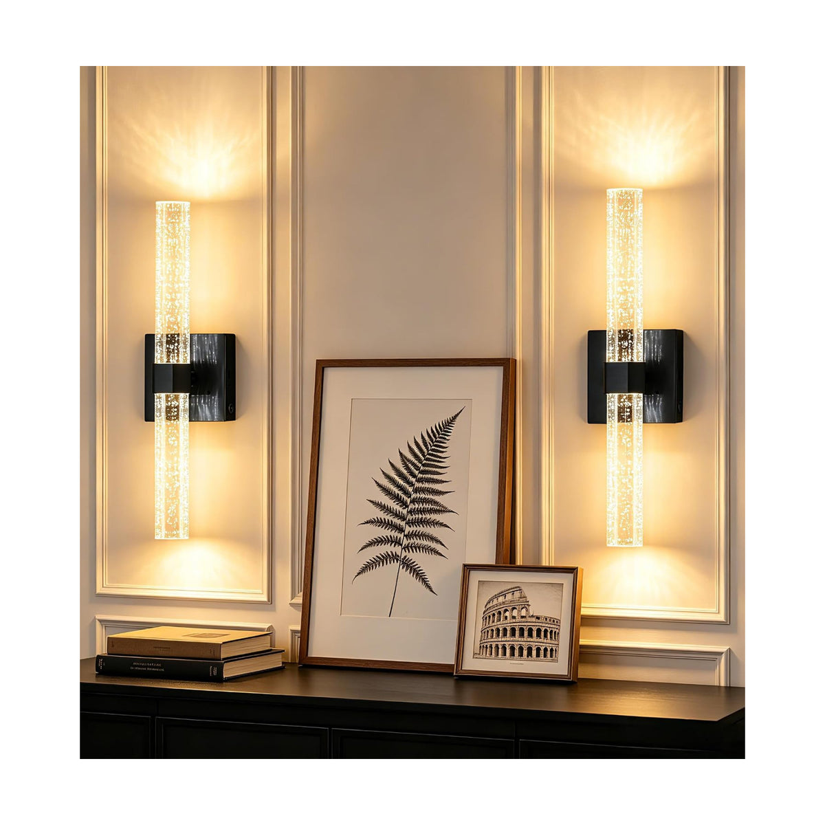 Battery Operated Wall Sconces Set of 2, Black, Bubble Crystal, 18.4 Inch | LED Wireless Rechargeable Wall Lights