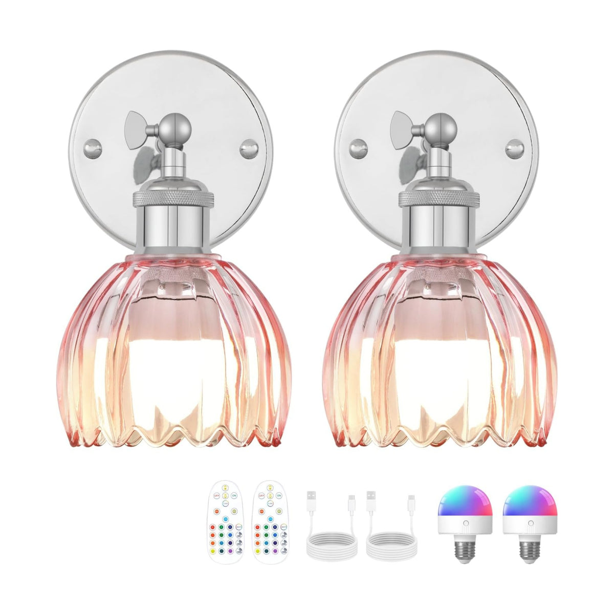 Vintage Battery Operated Wall Sconce, Pink Tulip Glass Lampshade Wireless Rechargeable Battery Powered LED Wall Light