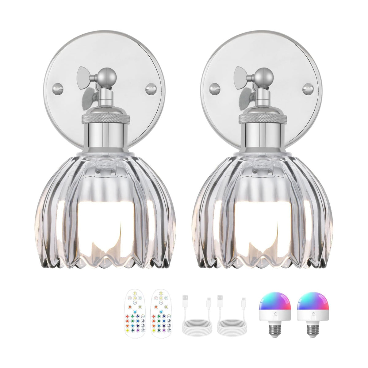 Vintage Battery Operated Wall Sconce, Smoky Gray Tulip Glass Lampshade Wireless Rechargeable Battery Powered LED Wall